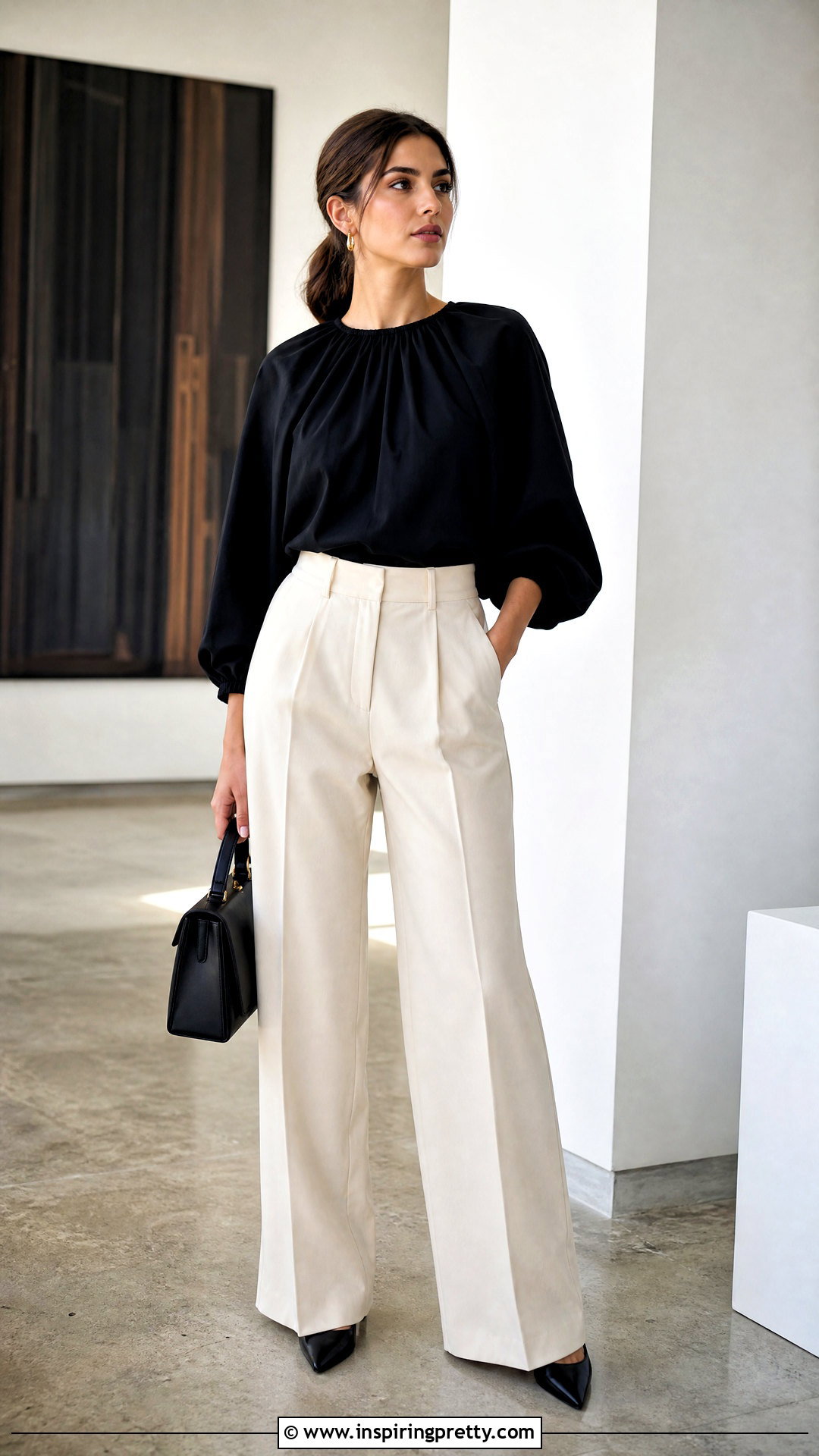 Black Balloon Top With Wide Leg Trousers - 50 balloon top outfit ideas
