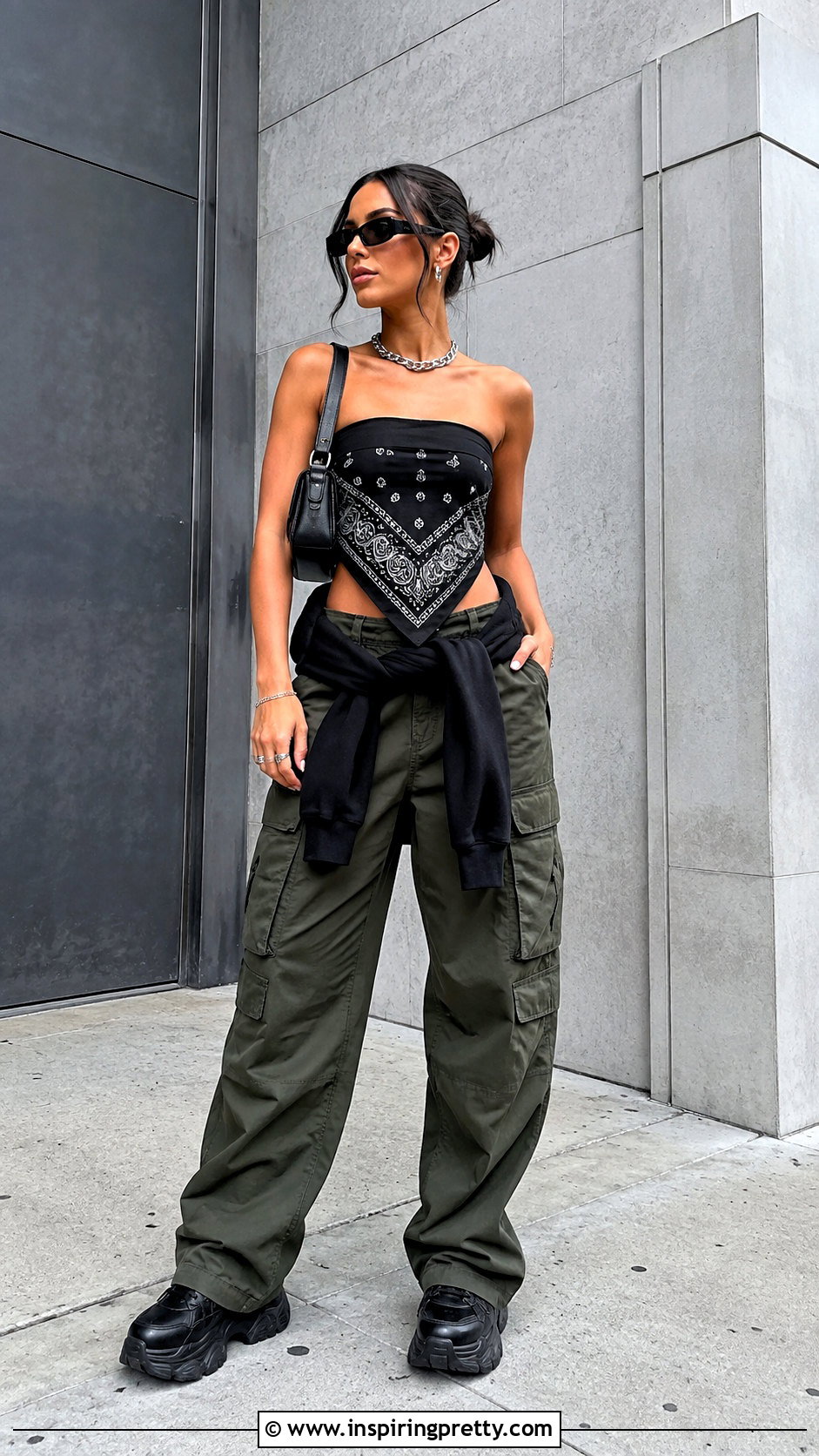 Black Bandana Top With Cargo Pants - 25 turning a bandana into a top outfit ideas