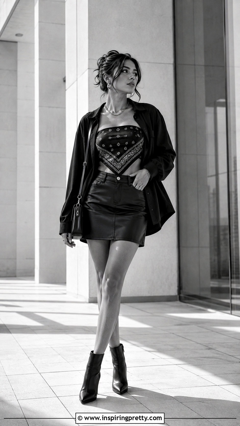 Black Bandana Top With Monochrome Mini Skirt - 25 turning a bandana into a top outfit ideas