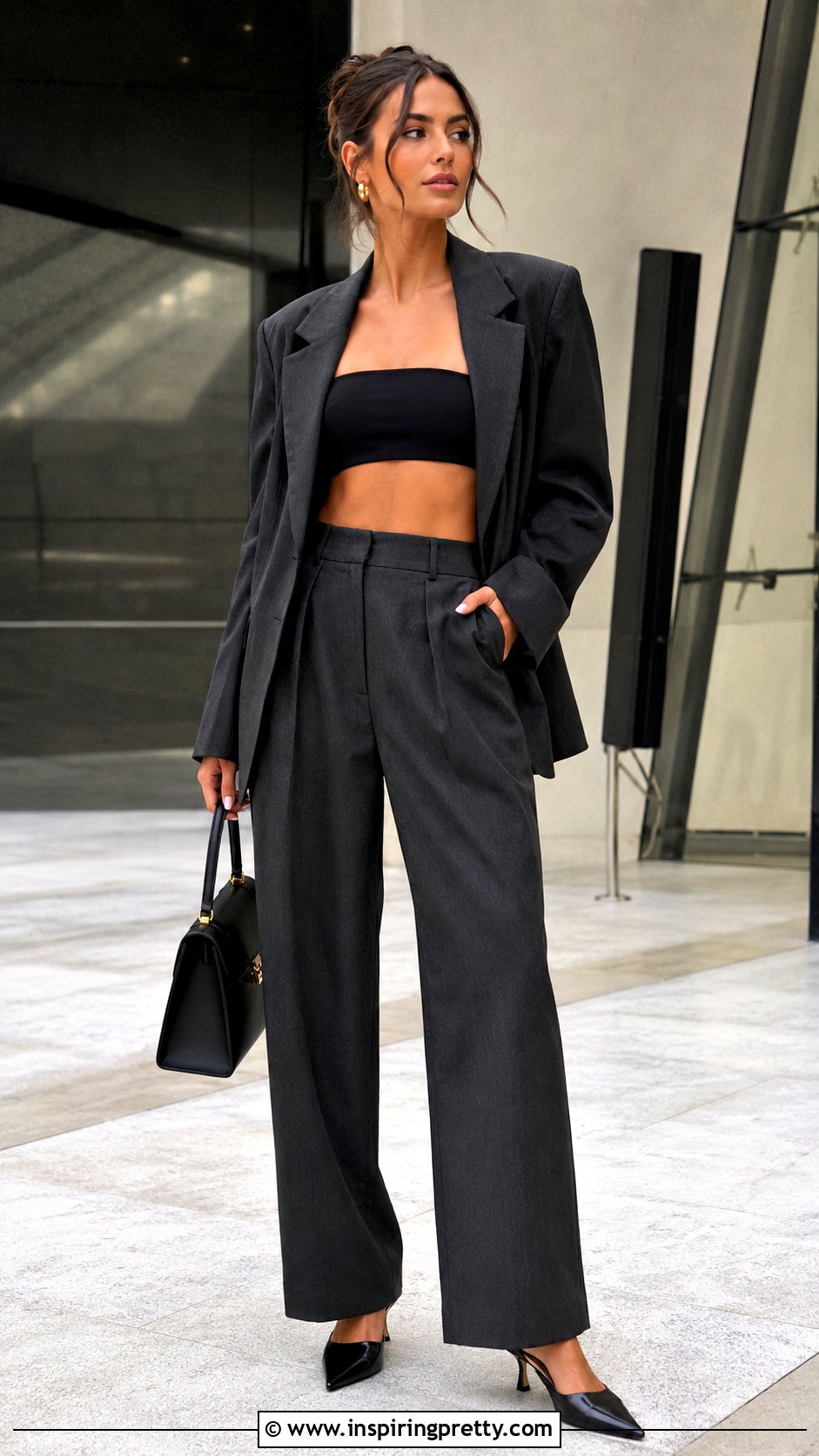 Black Bandeau Crop Top With Blazer And Tailored Trousers - 20 Black Bandeau Crop Top outfit ideas