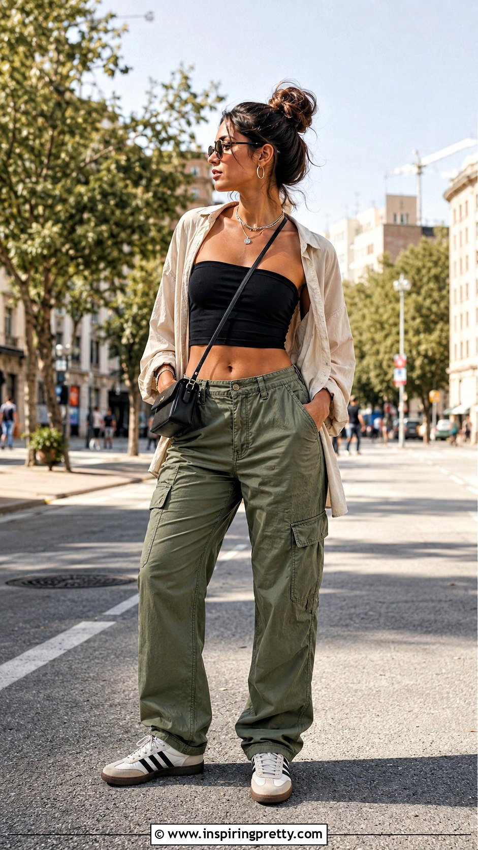 Black Bandeau Crop Top With Cargo Pants And Sneakers - 20 Black Bandeau Crop Top outfit ideas
