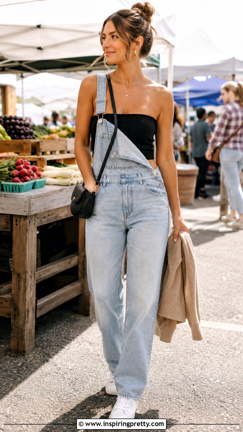 Black Bandeau Crop Top With Denim Overalls - 20 Black Bandeau Crop Top outfit ideas