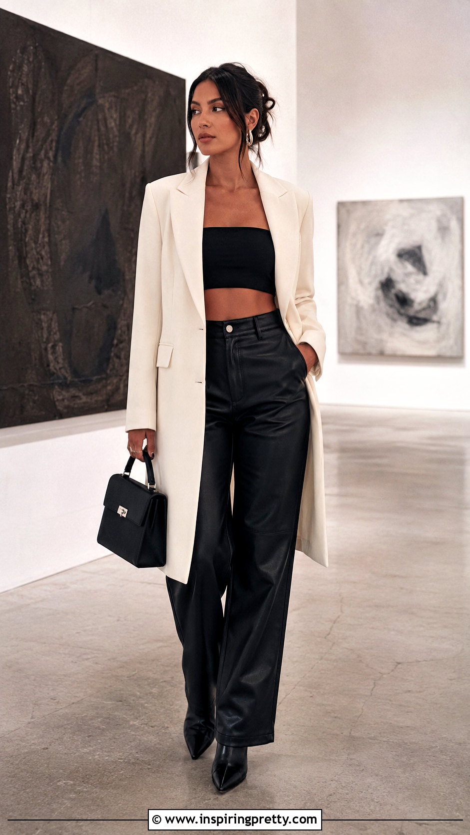 Black Bandeau Crop Top With Leather Pants And Blazer - 20 Black Bandeau Crop Top outfit ideas