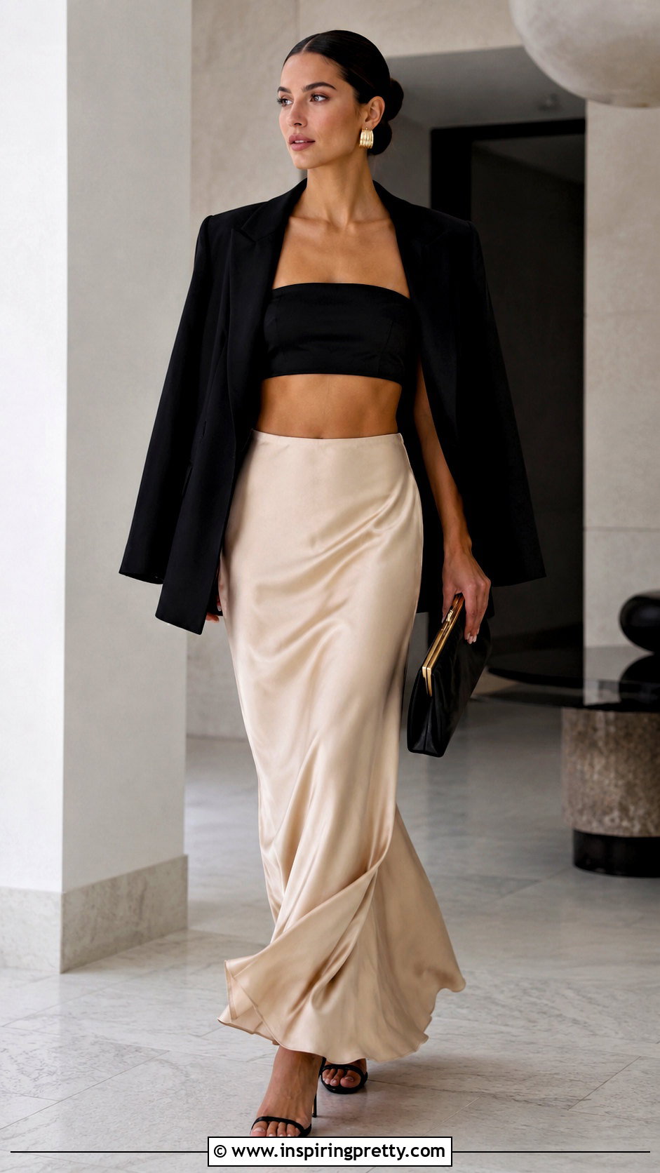 Black Bandeau Crop Top With Satin Maxi Skirt And Heels - 20 Black Bandeau Crop Top outfit ideas