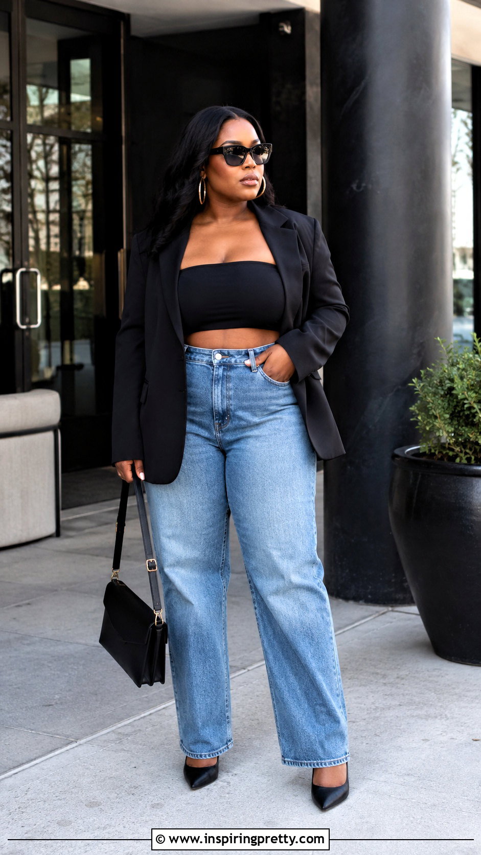 Black Bandeau Top With Oversized Blazer And Jeans - 50 night out tops outfit ideas