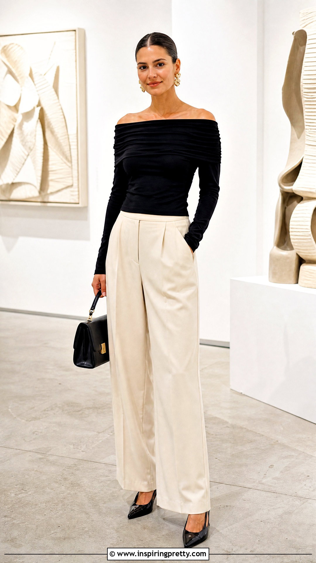 Black Bardot Top With Wide Leg Trousers - 50 bardot top outfit ideas