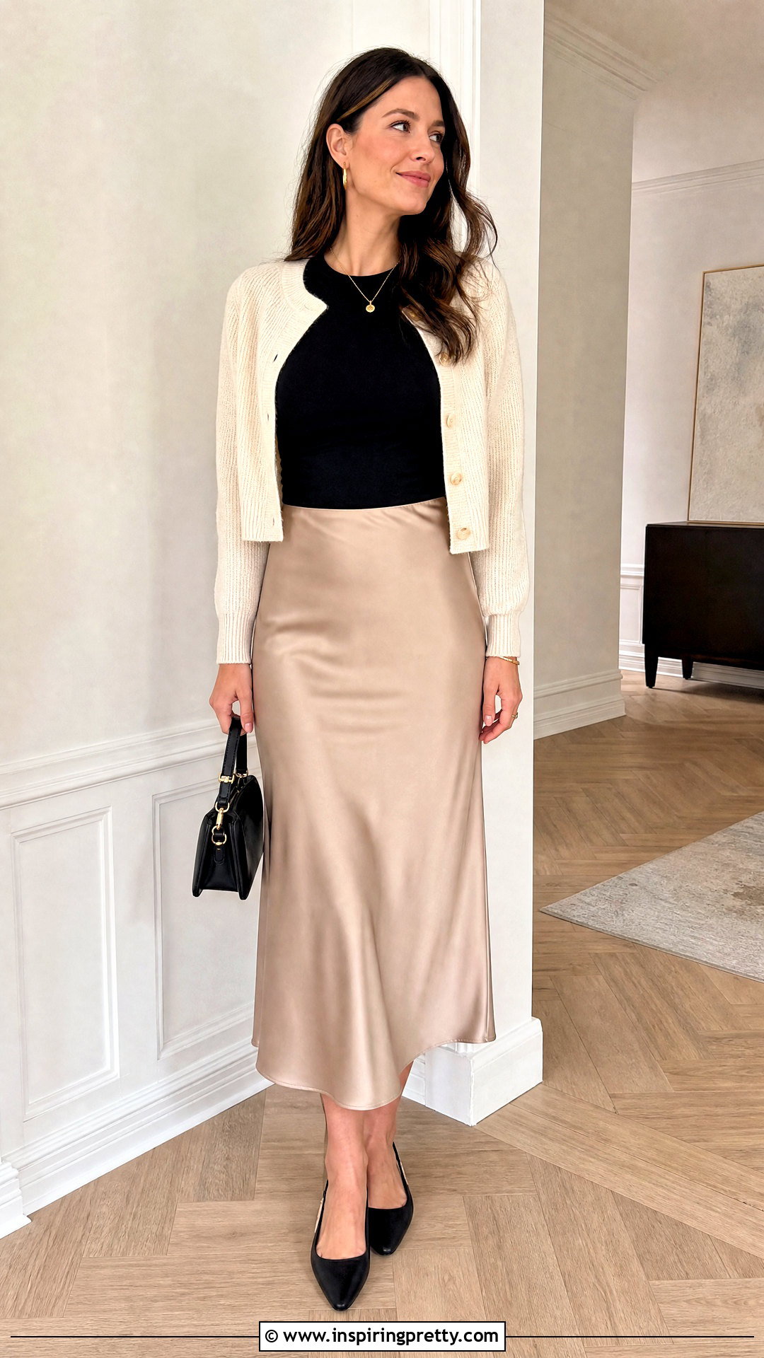 Black Basic Top With A Cardigan And Satin Skirt - 50 black basic top outfit ideas
