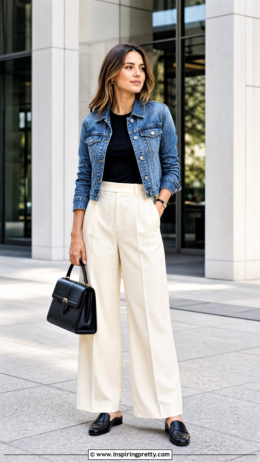 Black Basic Top With A Denim Jacket And Trousers - 50 black basic top outfit ideas