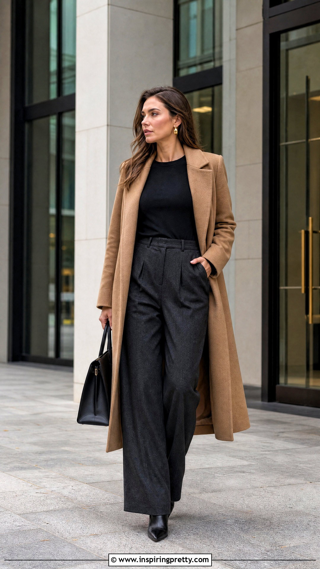 Black Basic Top With A Long Wool Coat And Trousers - 50 black basic top outfit ideas