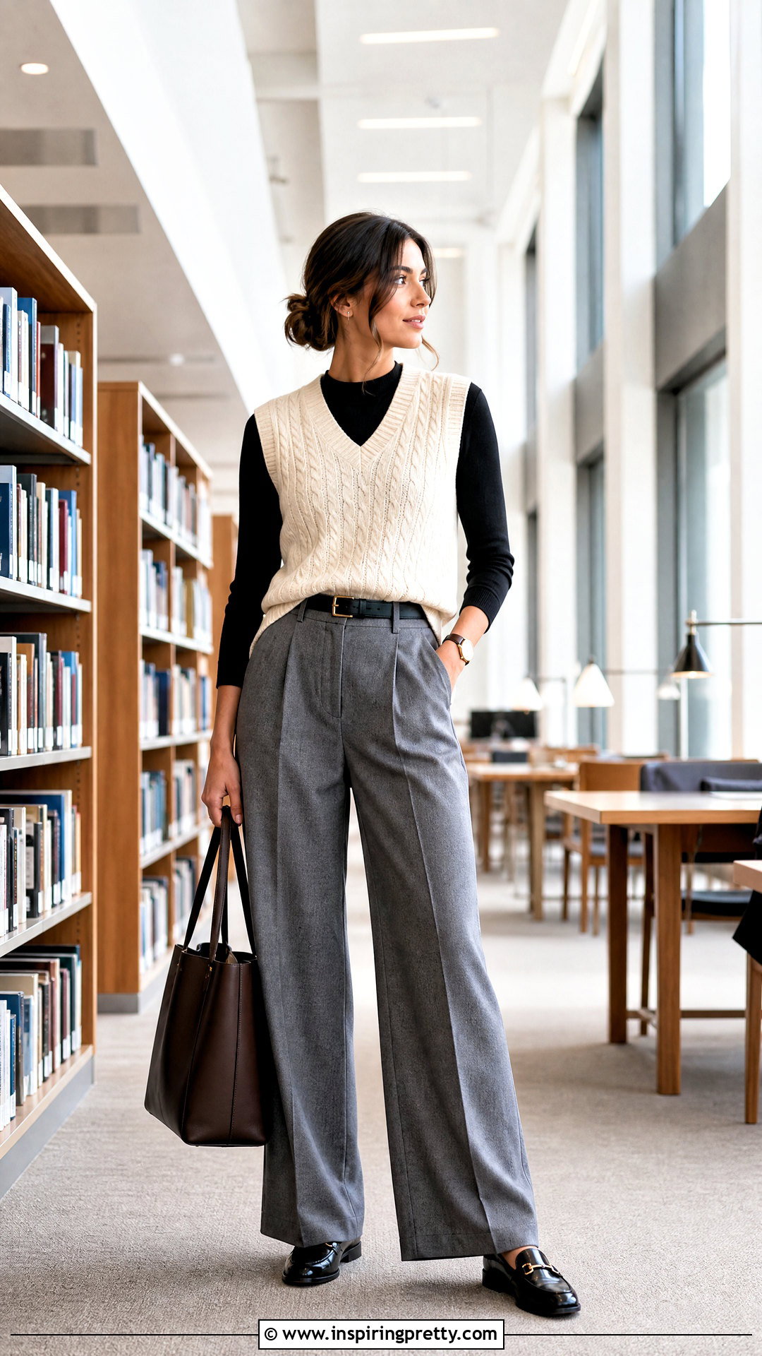 Black Basic Top With A Sweater Vest And Trousers - 50 black basic top outfit ideas