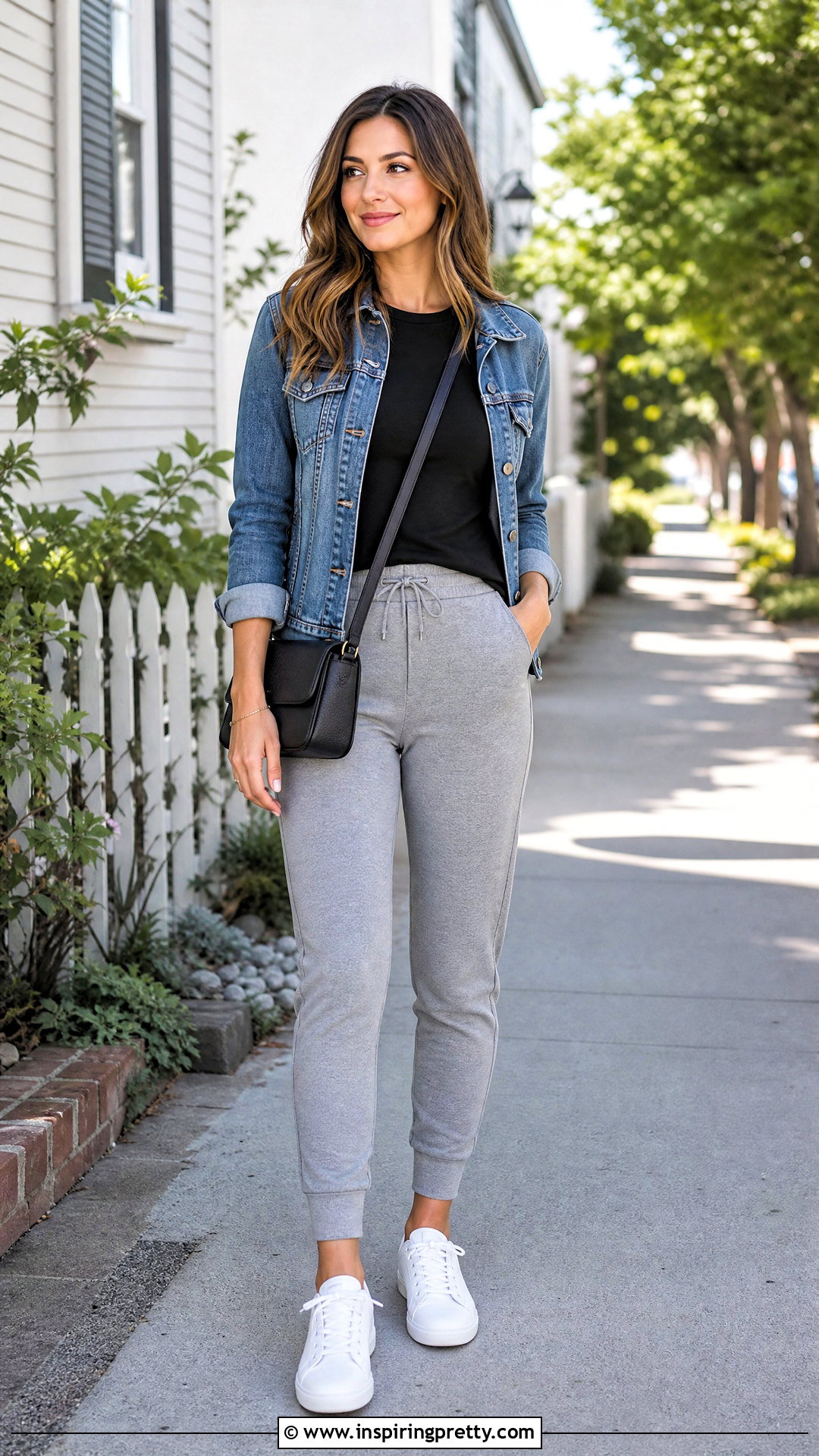 Black Basic Top With Joggers And A Denim Jacket - 50 black basic top outfit ideas