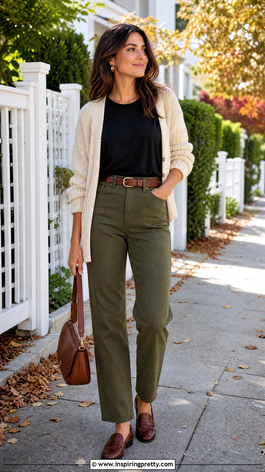 Black Basic Top With Olive Pants And Brown Accessories - 50 black basic top outfit ideas