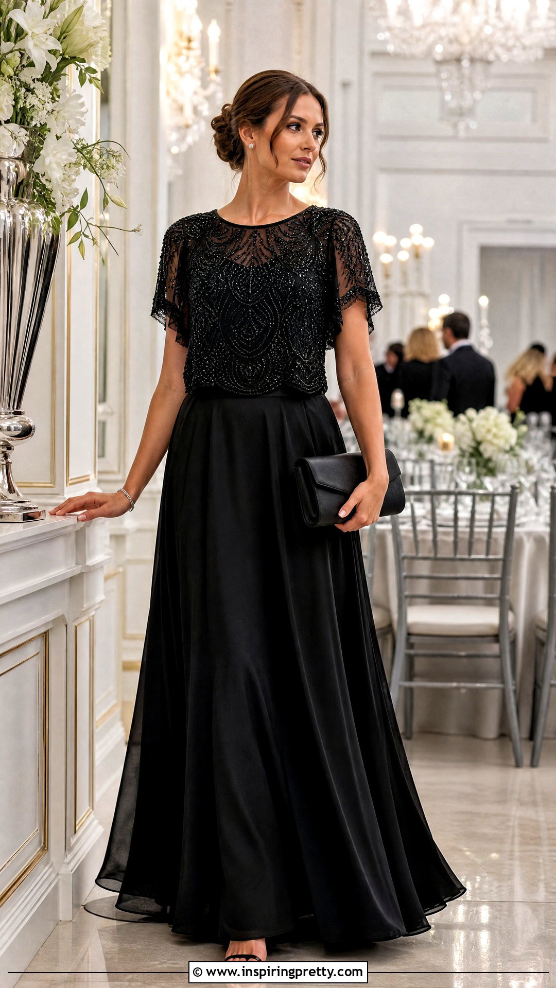 Black Beaded Top With Floor Length Skirt - 25 Black Wedding Top outfit ideas