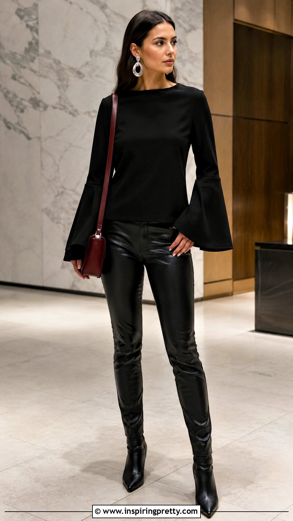 Black Bell Sleeve Top With Leather Pants - 50 bell sleeve top outfit ideas