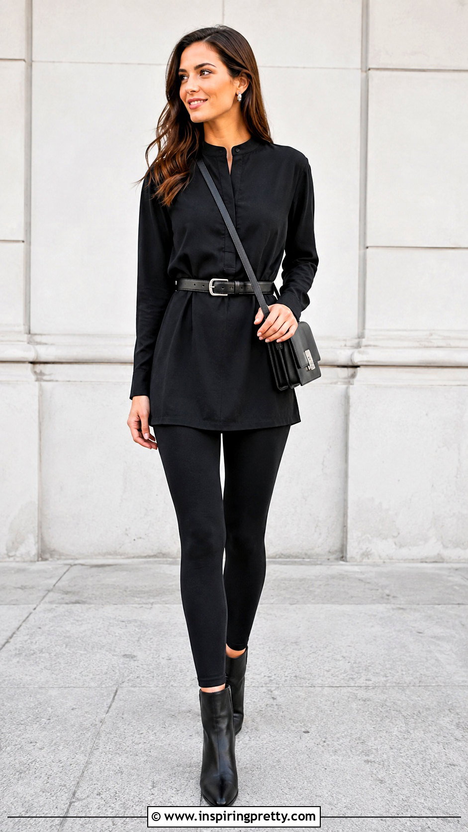 Black Belted Tunic Top With Leggings - 25 Belted Tunic Top outfit ideas