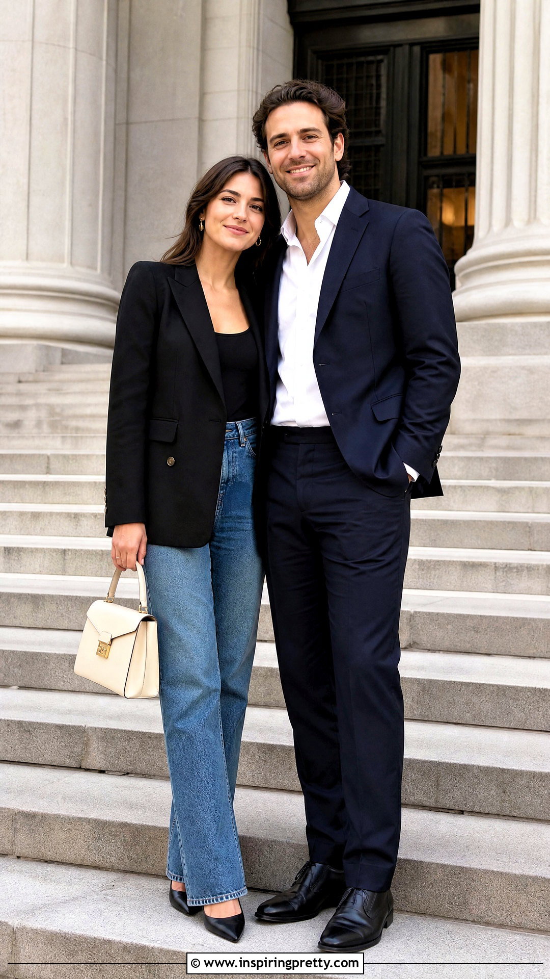 Black Blazer And Blue Jeans Engagement Outfit - 25 black top and jeans engagement photos