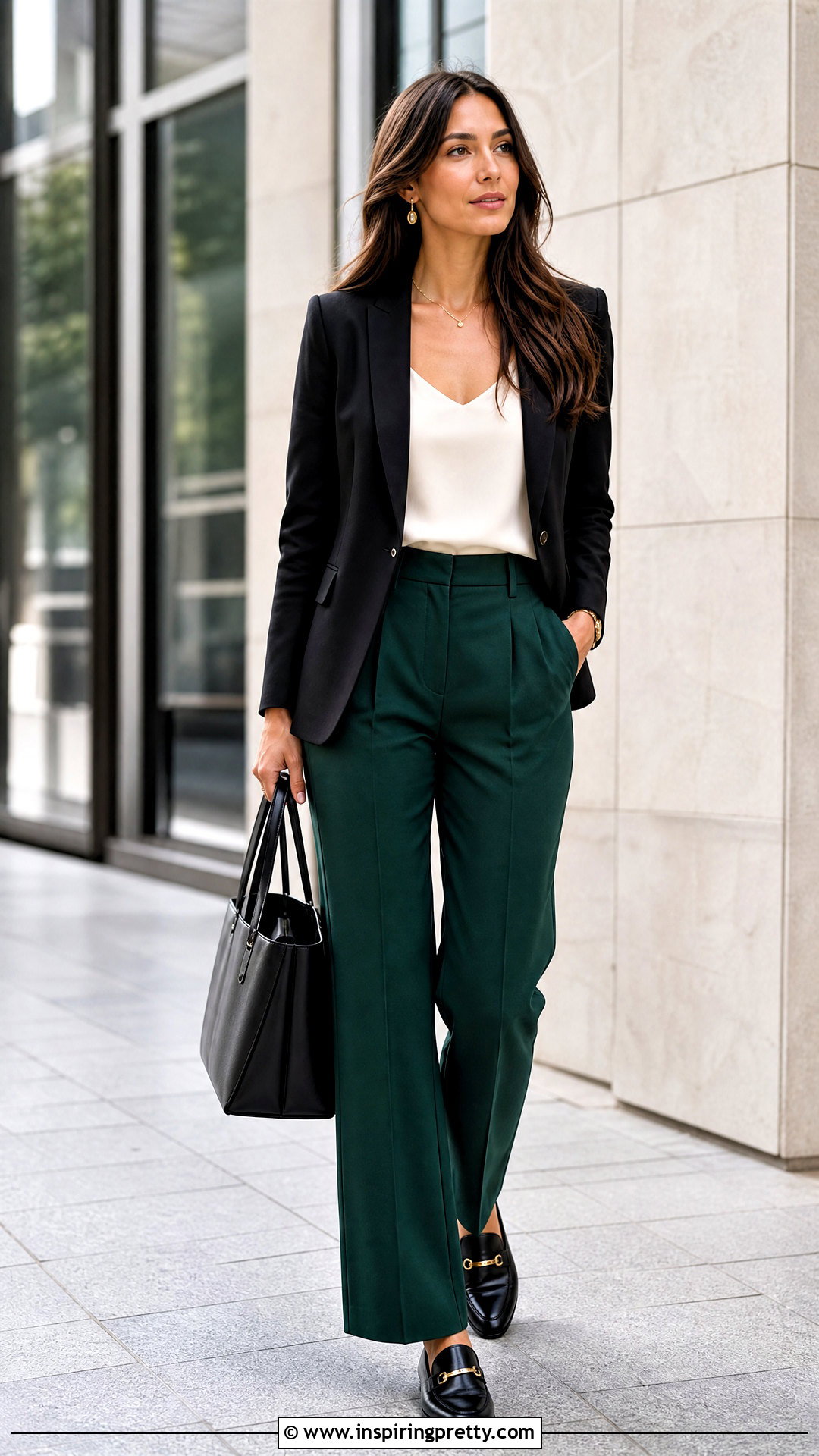 Black Blazer And Camisole With Green Pants - What Top Goes With Green Pants (20 Ways)