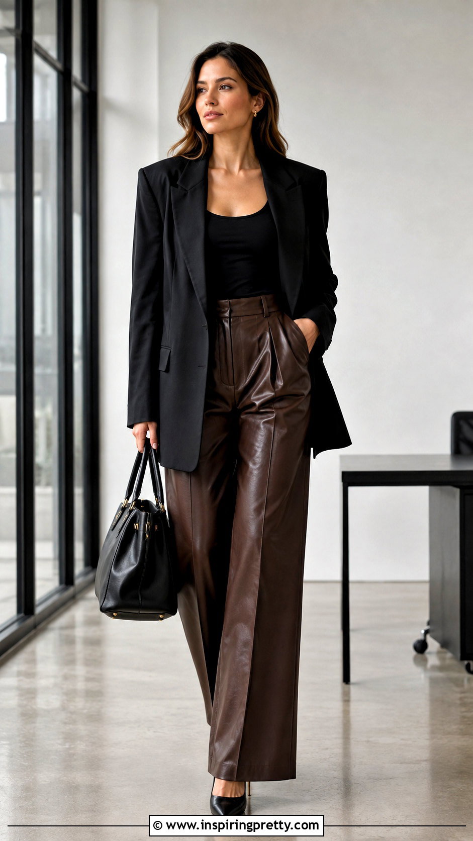 Black Blazer And Tank With Brown Leather Pants - 25 tops for brown leather pants