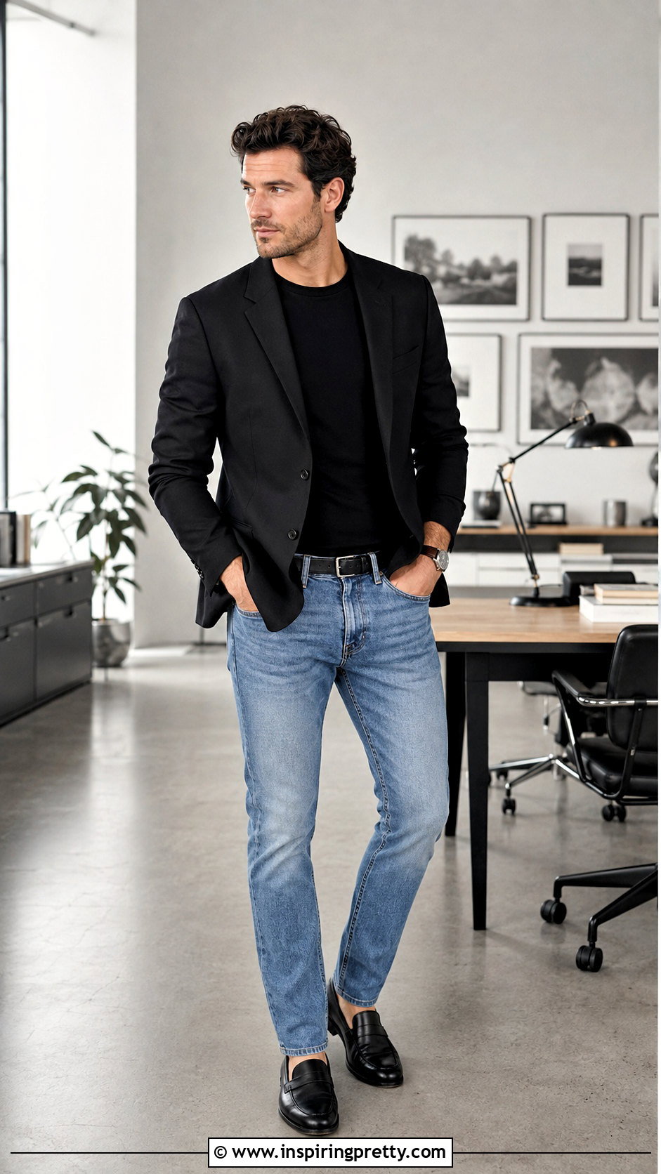 Black Blazer Outfit With Light Blue Jeans And Loafers - 20 Light Blue Jeans Black Top Men