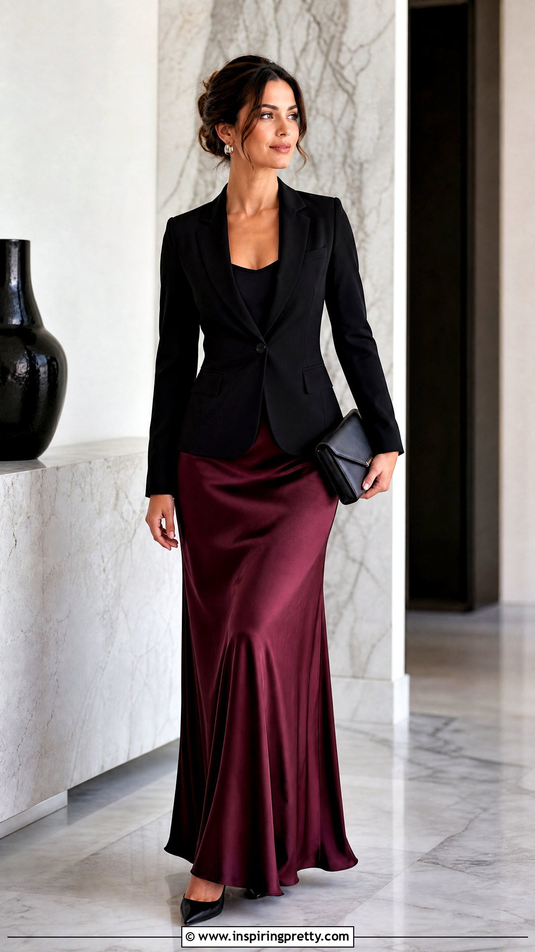 Black Blazer Top And Satin Maxi Skirt Outfit - 50 black top and skirt outfits