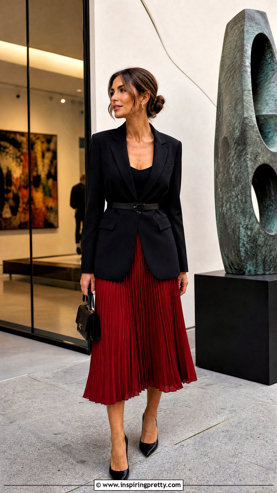 Black Blazer Top Red Midi Skirt Outfit - 20 black top red skirt outfits