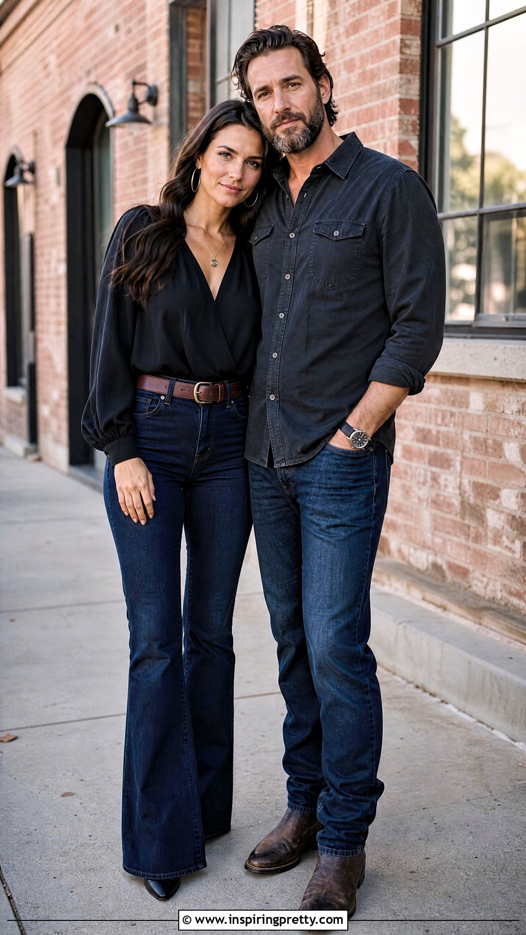 Black Blouse And Flare Jeans Engagement Outfit - 25 black top and jeans engagement photos