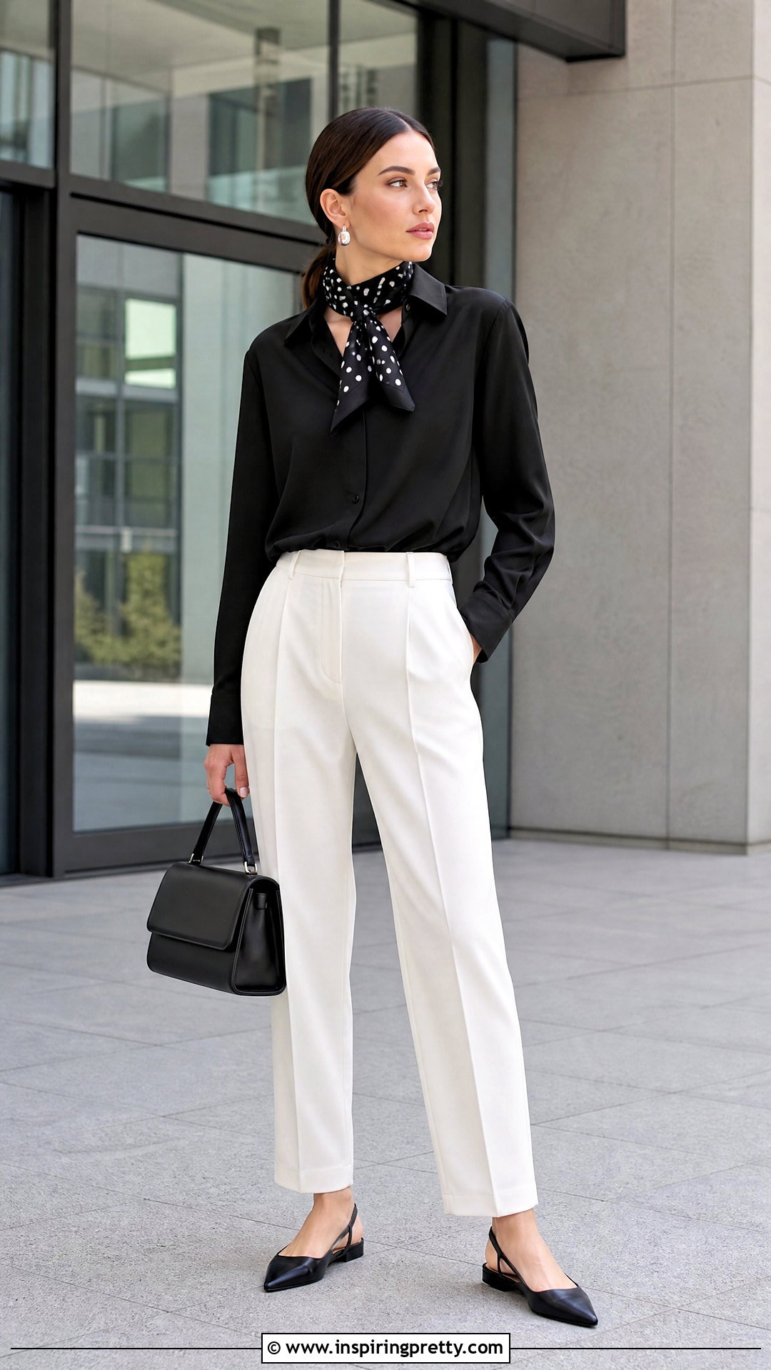 Black Blouse With Polka Dot Scarf Outfit - 50 top with scarf outfit ideas