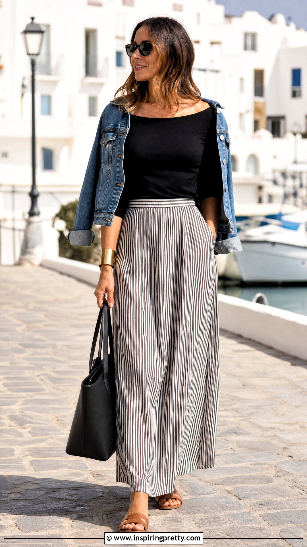 Black Boat Neck Top And Striped Maxi Skirt Outfit - 50 black top and skirt outfits
