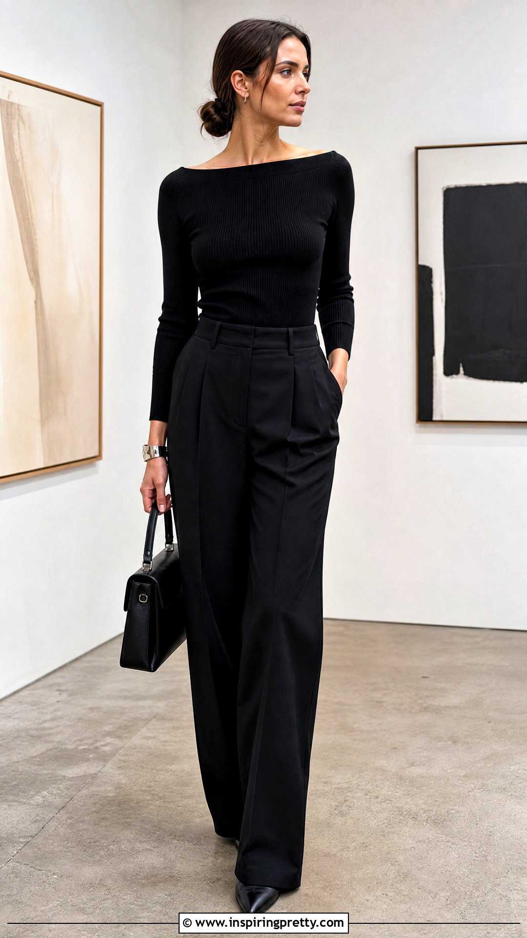 Black Boat Neck Top With Black Pants - 50 boat neck top outfits