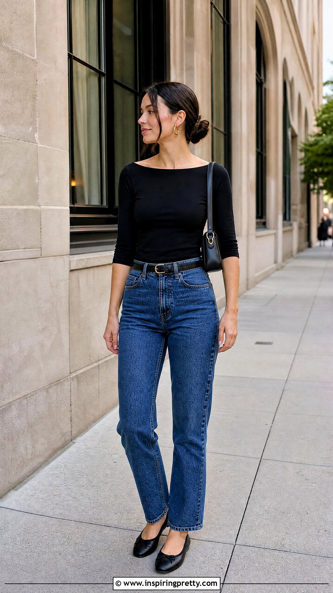 Black Boat Neck Top With Straight Leg Jeans - 50 boat neck top outfits