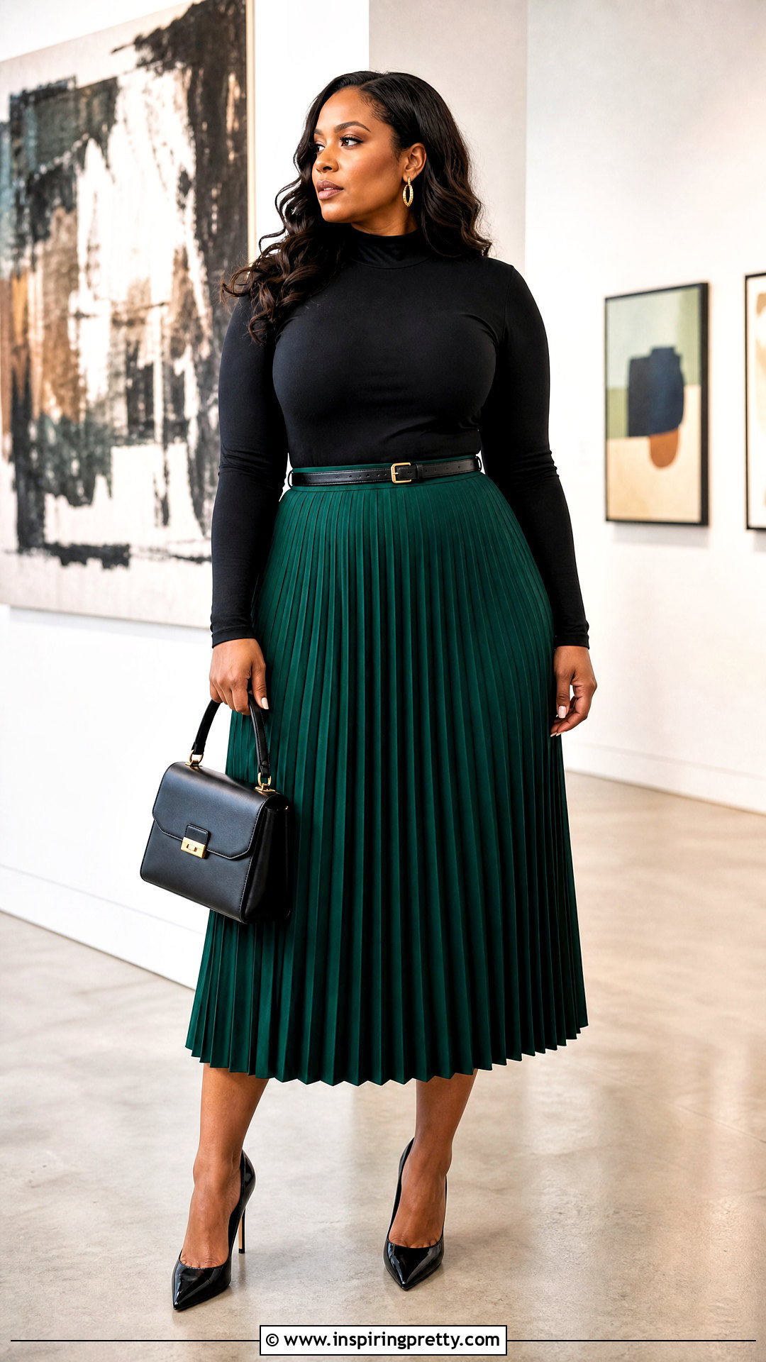 Black Bodysuit And Pleated Midi Skirt Outfit - 50 black top and skirt outfits