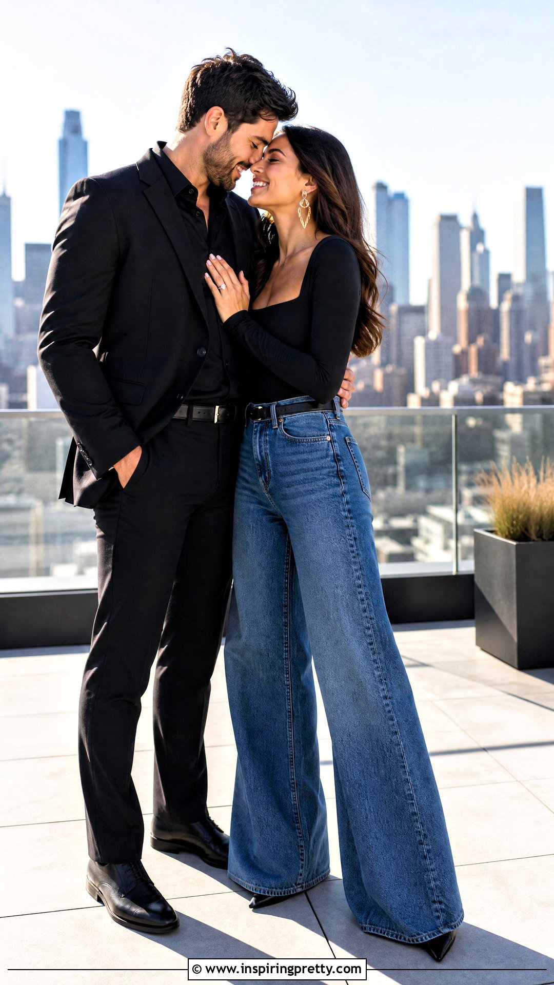 Black Bodysuit And Wide Leg Jeans Engagement Outfit - 25 black top and jeans engagement photos