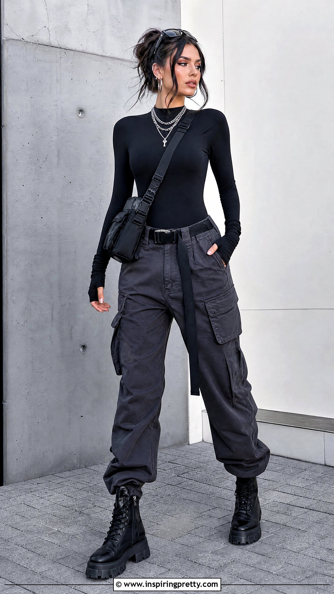 Black Bodysuit With Fingerless Gloves And Cargo Pants - 25 Black Top With Gloves