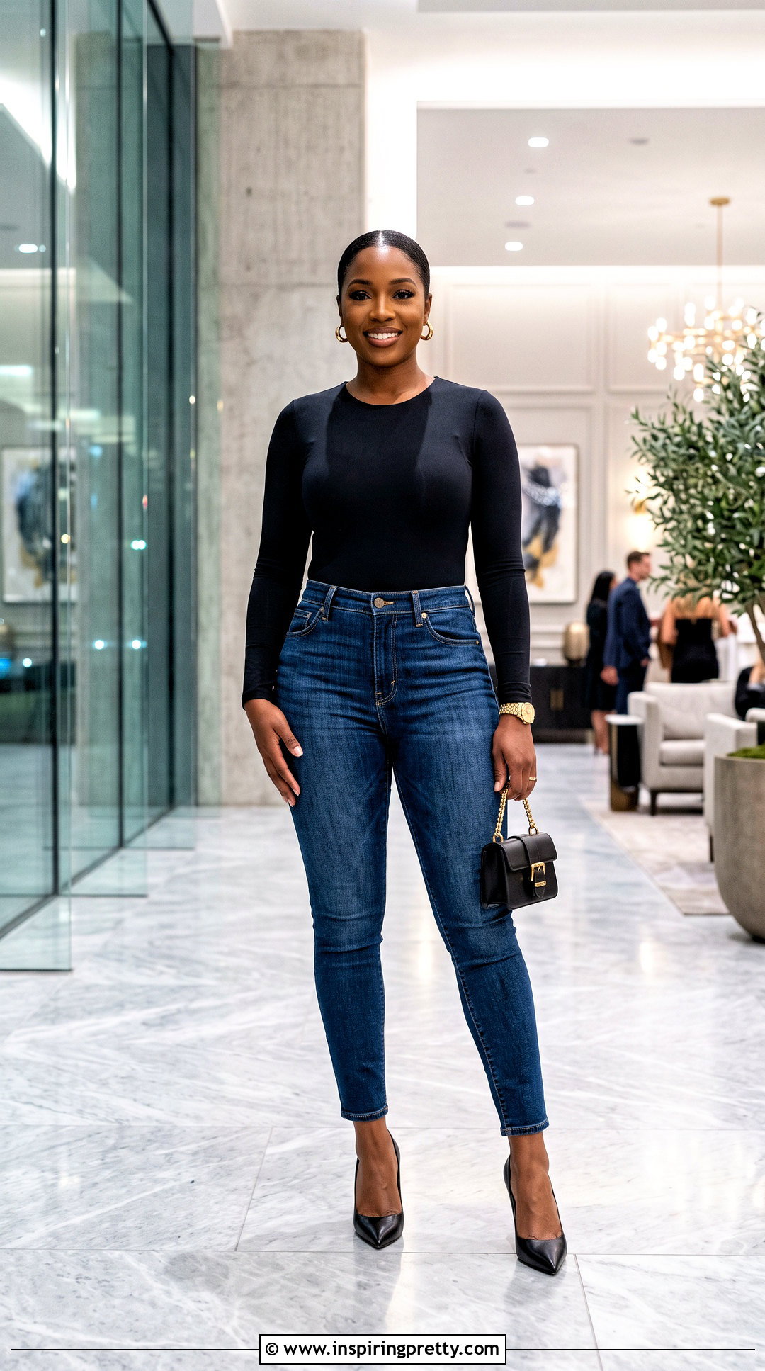 Black Bodysuit With High Rise Skinny Blue Jeans - 50 blue jeans black top outfit ideas