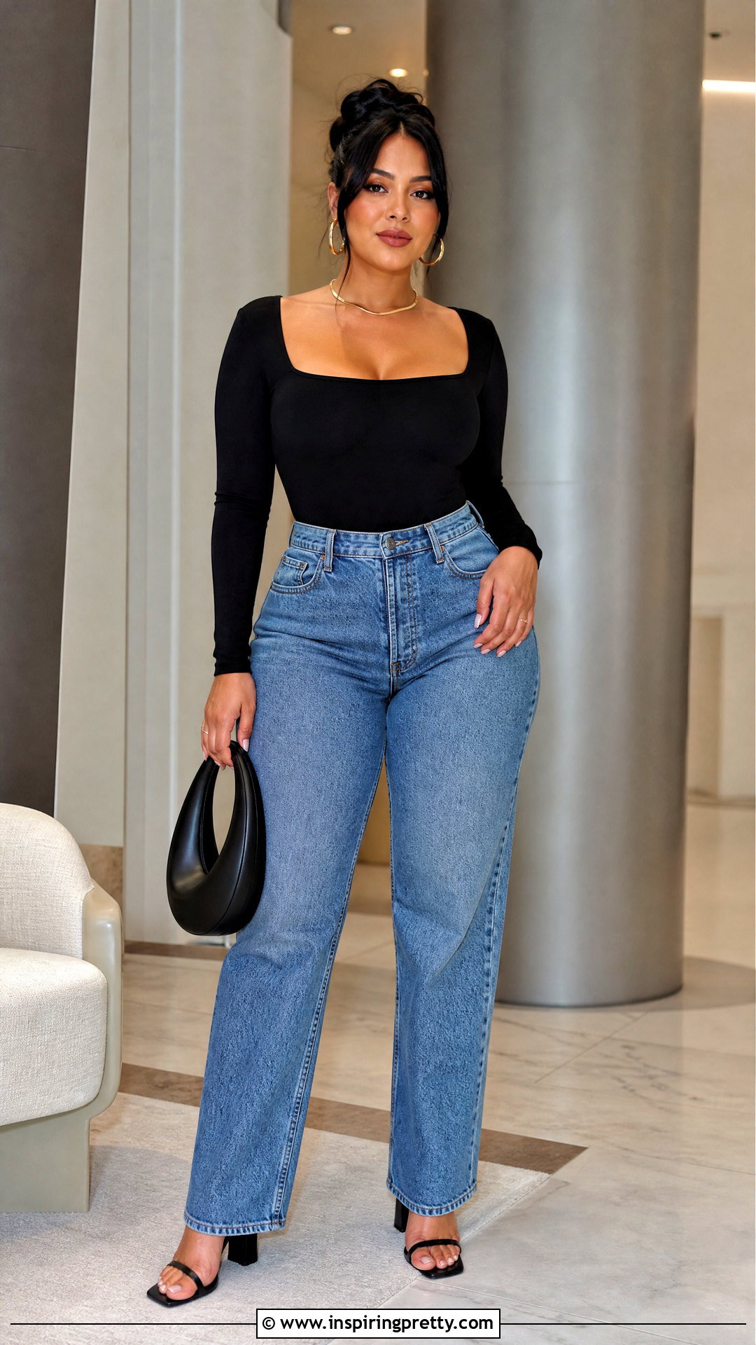 Black Bodysuit With High Waisted Blue Jeans And Heeled Sandals - 50 black top and blue jeans outfit ideas