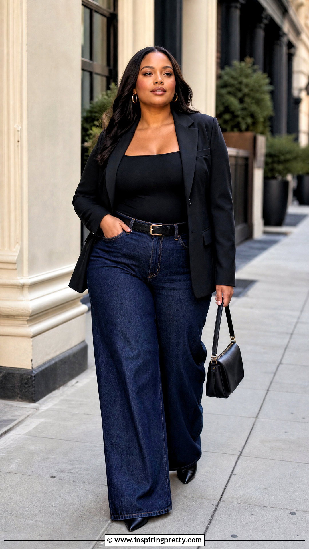 Black Bodysuit With Wide Leg Jeans - 50 classy tops outfit ideas
