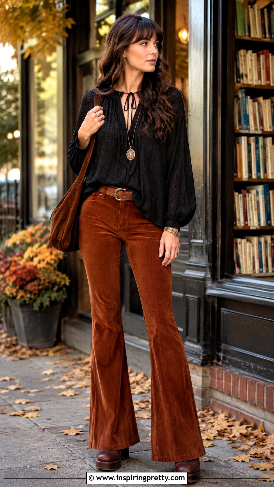 Black Boho Blouse With Corduroy Flares - 20 Boho Style Black Top outfit ideas