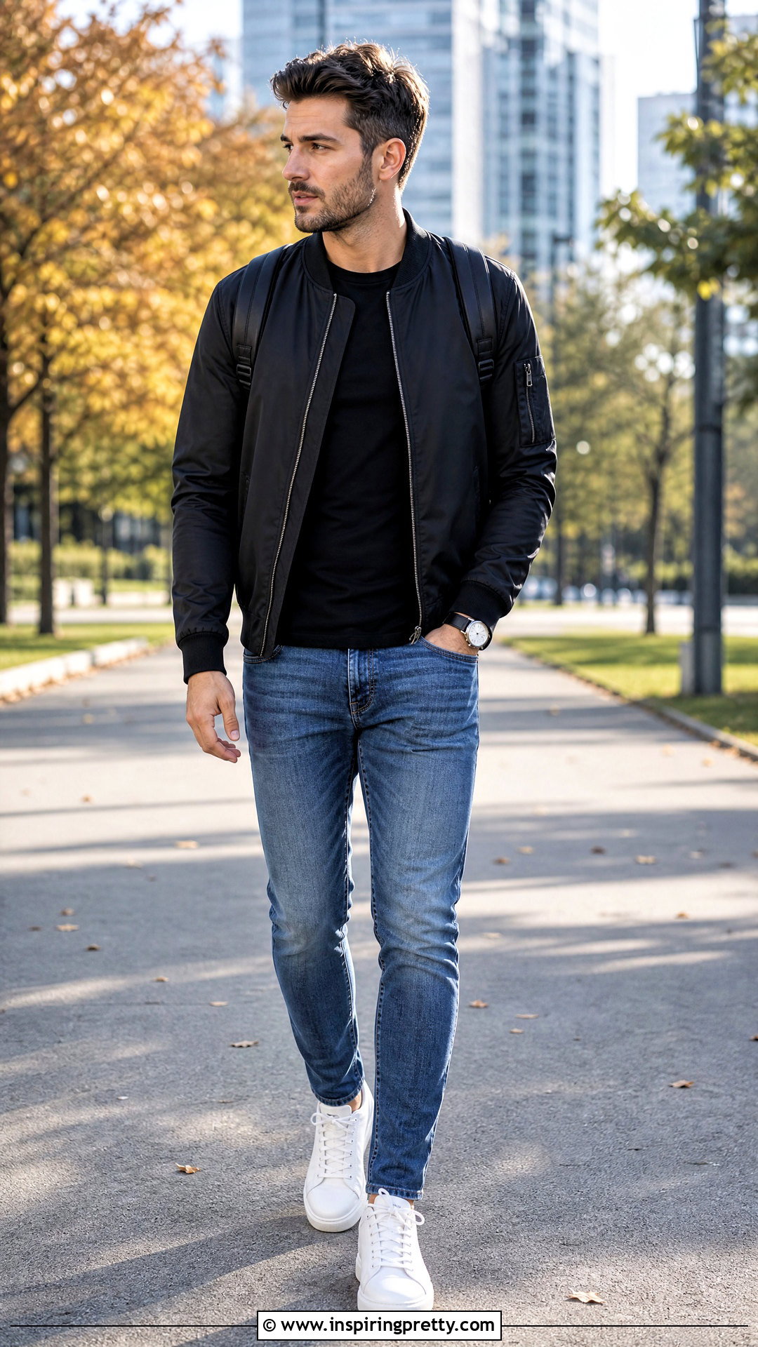 Black Bomber Jacket Black Tee Blue Jeans - 20 Black Top Blue Jeans Mens