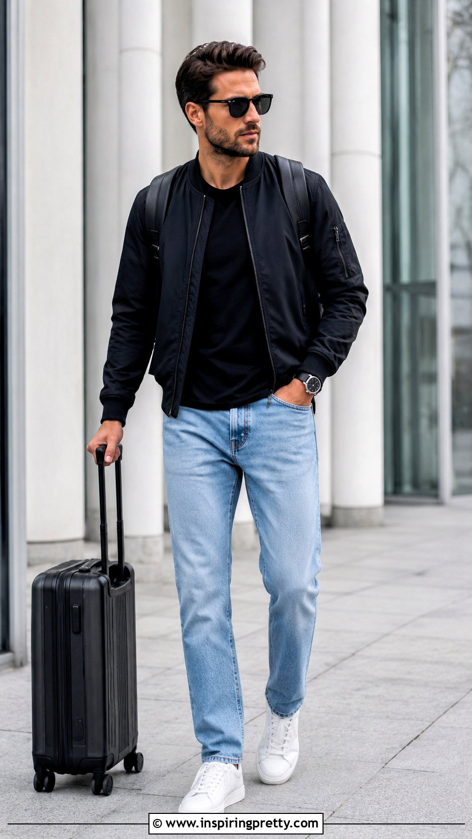 Black Bomber Jacket Outfit With Light Blue Jeans - 20 Light Blue Jeans Black Top Men