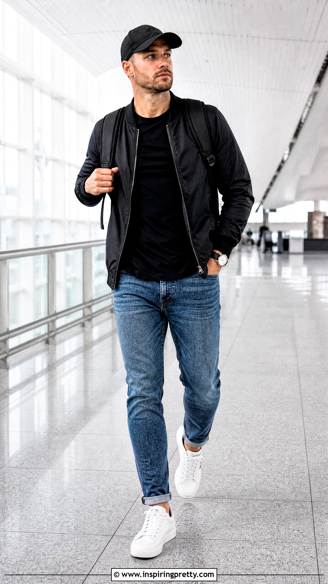 Black Bomber Jacket With Black Tee And Tapered Jeans - 25 Black Top With Jeans Men