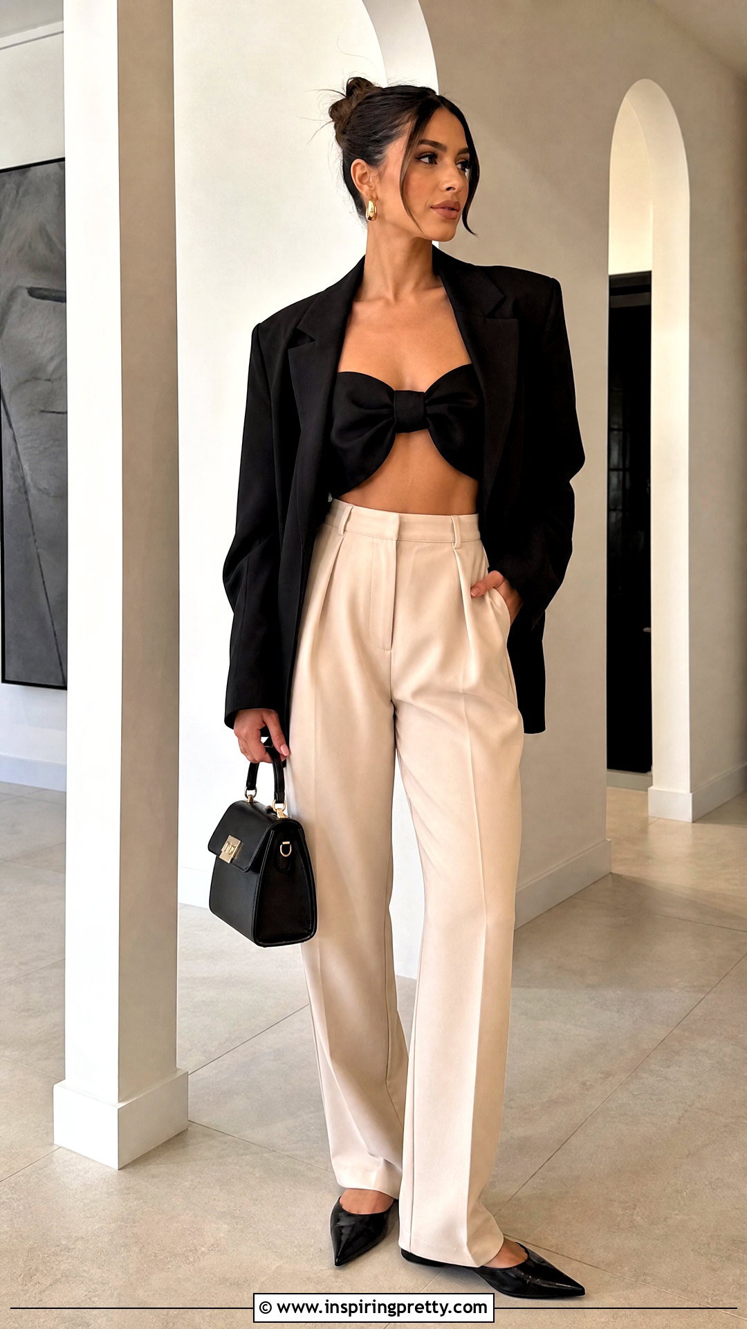 Black Bow Bandeau Top With Tailored Trousers - 25 bow bandeau top outfit ideas