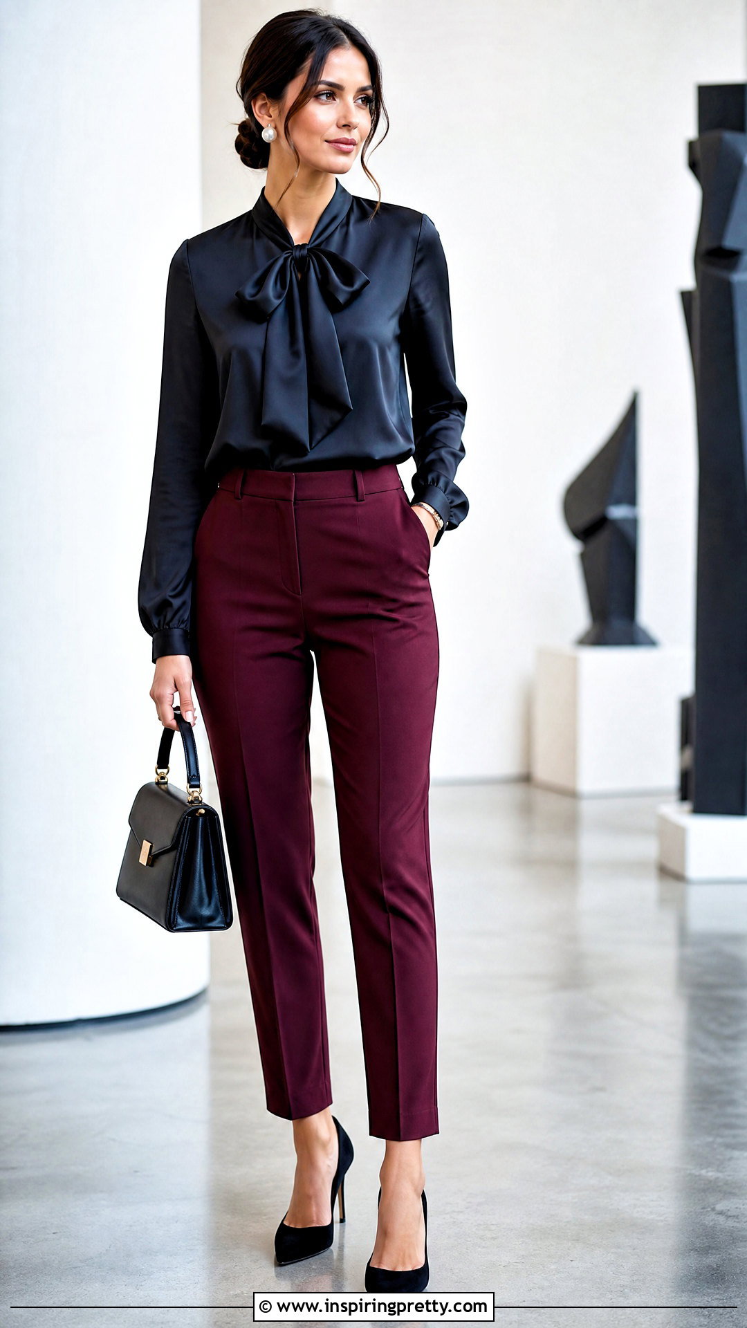 Black Bow Blouse With Cigarette Pants - 25 Black Wedding Top outfit ideas