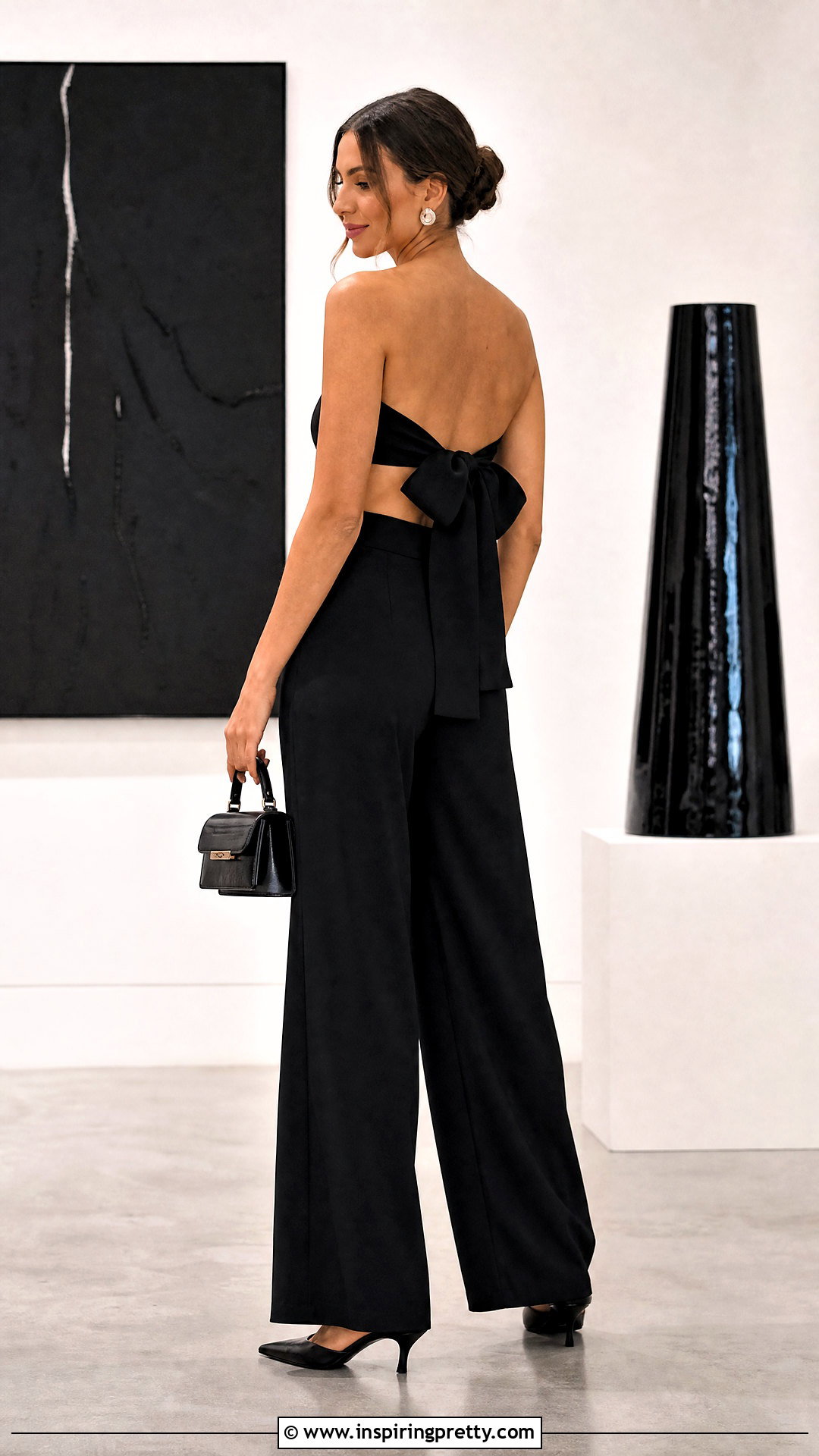 Black Bow Tie Back Top With Wide Leg Trousers - 25 Bow Tie Back Top outfit ideas