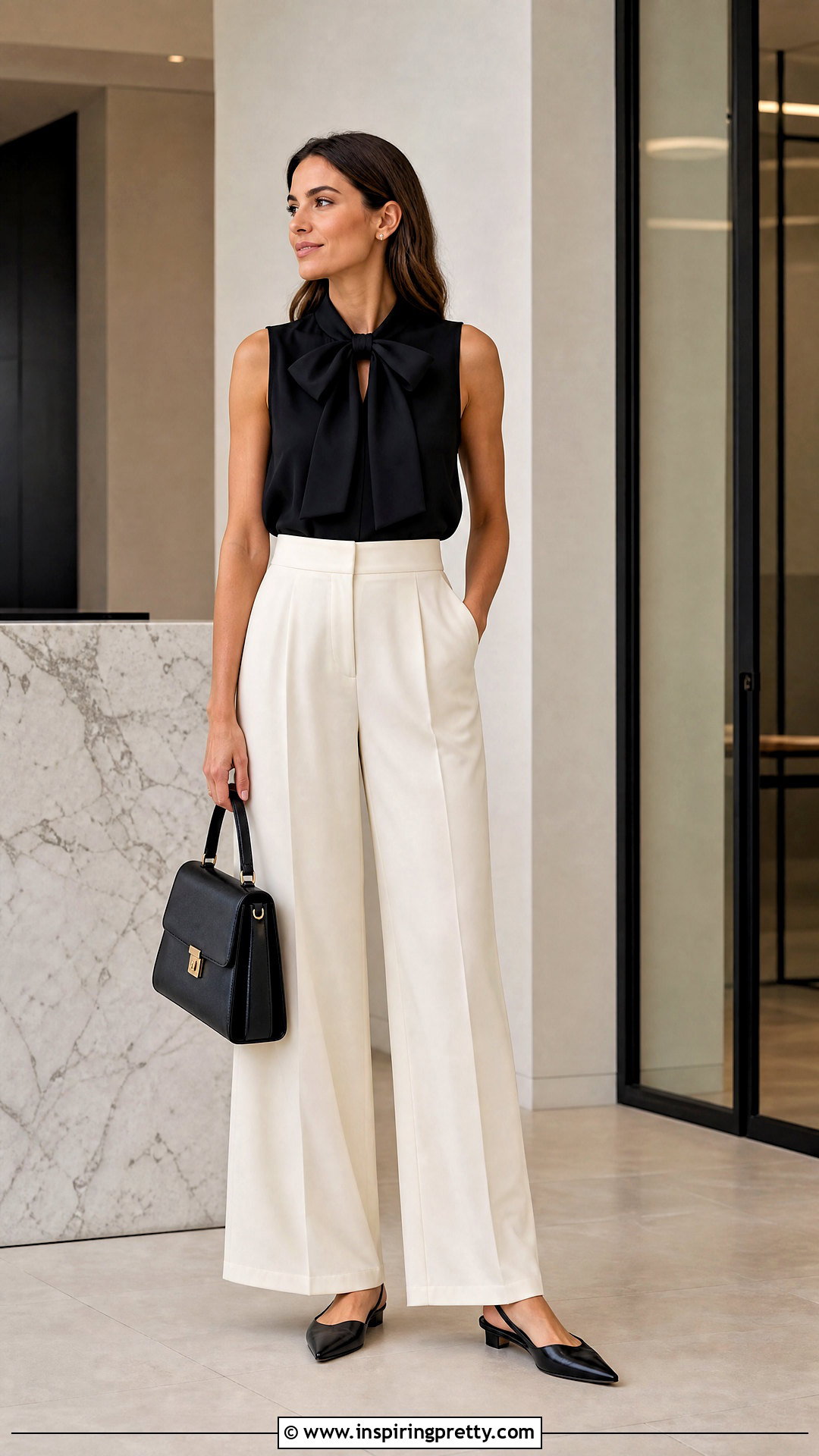 Black Bow Tie Top With Wide Leg Trousers - 20 Simple Bow Tie Top outfit ideas