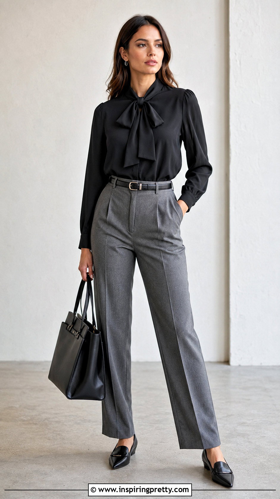 Black Bow Top With Tailored Trousers - 50 bow top outfit ideas