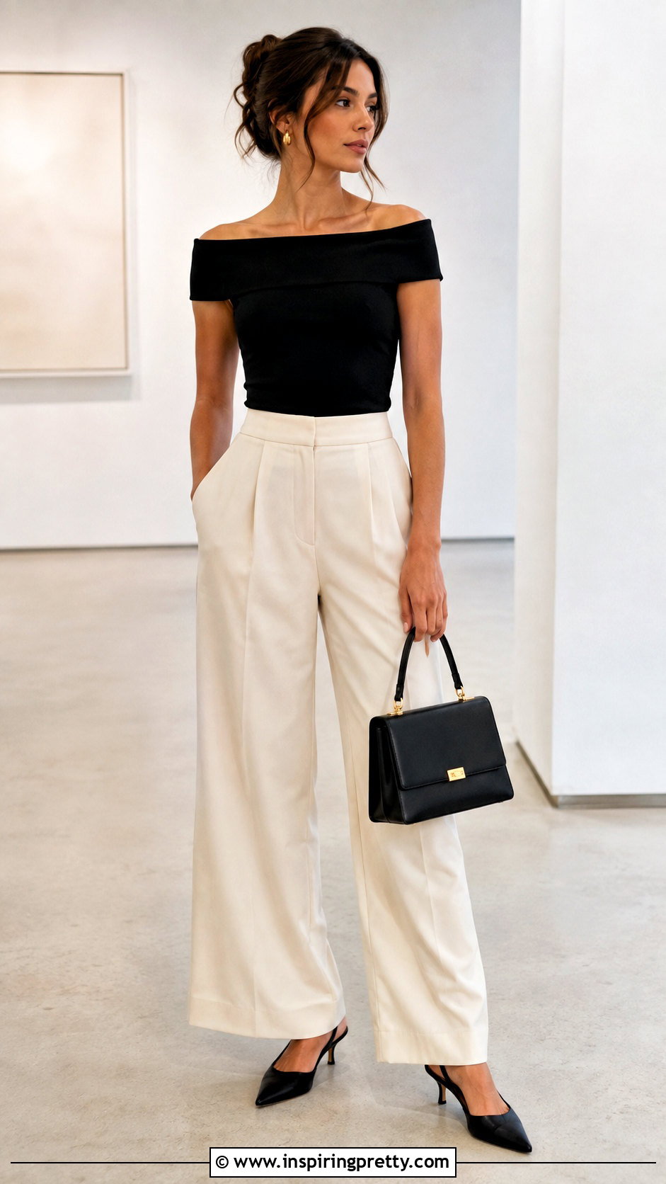 Black Brigitte Bardot Top With Wide Leg Trousers - 25 brigitte bardot top outfit ideas