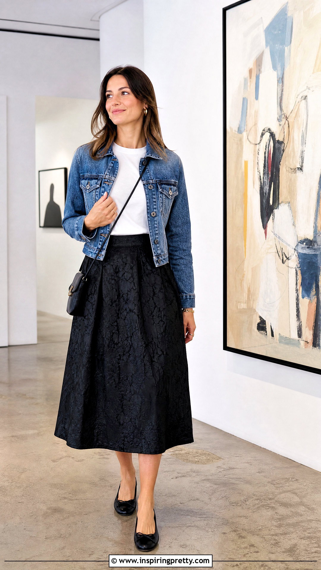 Black Brocade Skirt With White Fitted Tee - 50 brocade skirt and top outfit ideas