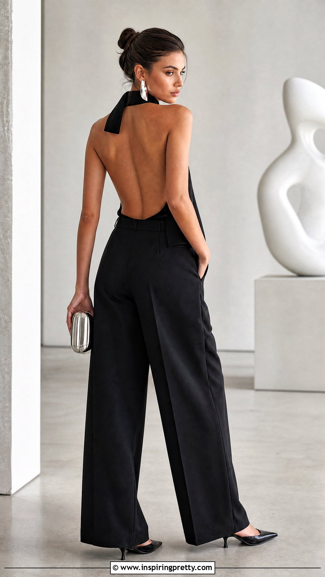 Black Buffy Backless Top With Wide Leg Trousers - 20 buffy backless top outfit ideas