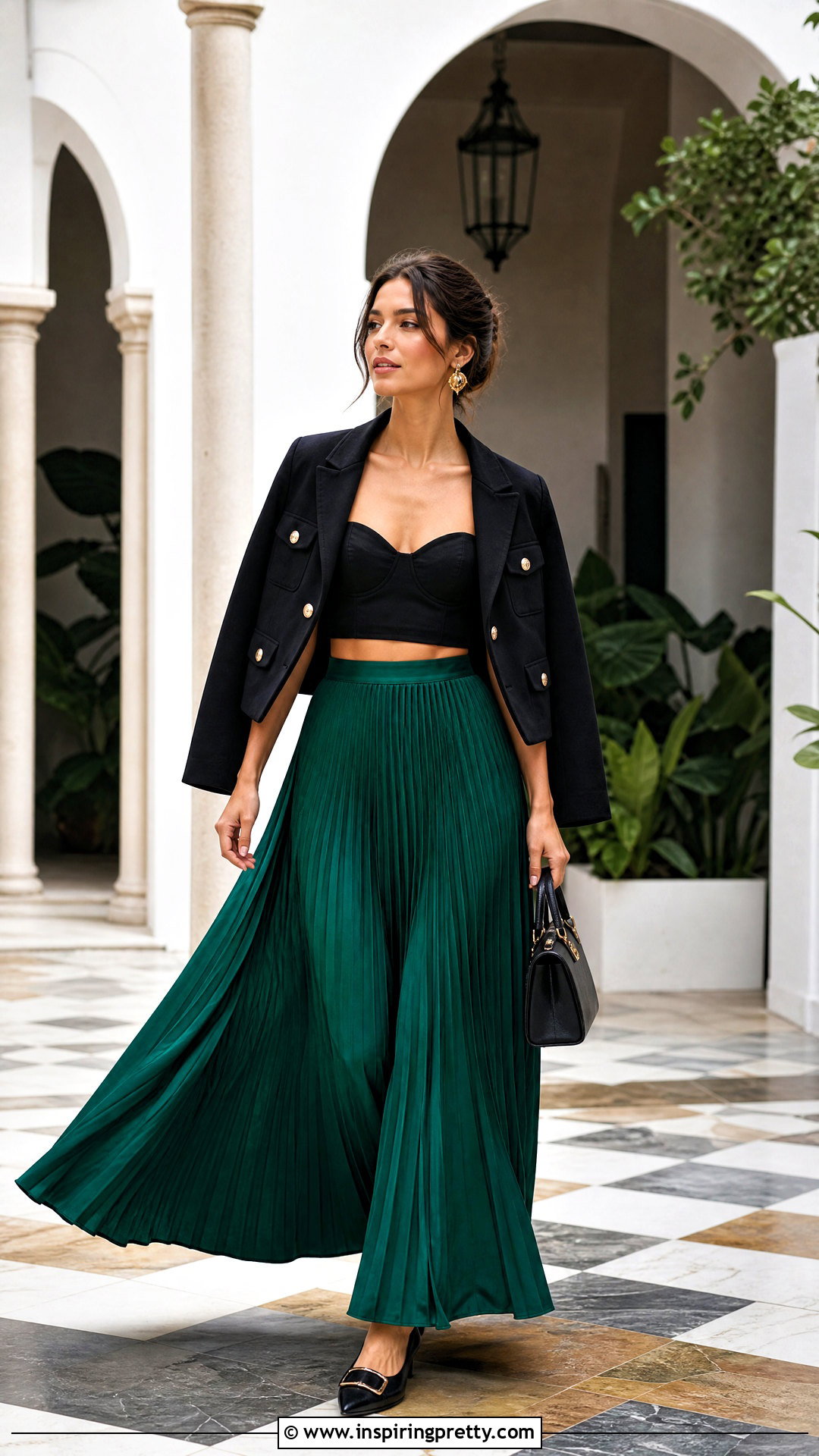 Black Bustier Crop Top With Pleated Maxi Skirt - 20 Black Bustier Crop Top outfit ideas