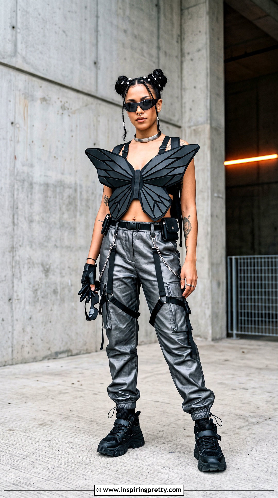 Black Butterfly Rave Top With Metallic Cargo Pants - 25 butterfly rave top outfit ideas